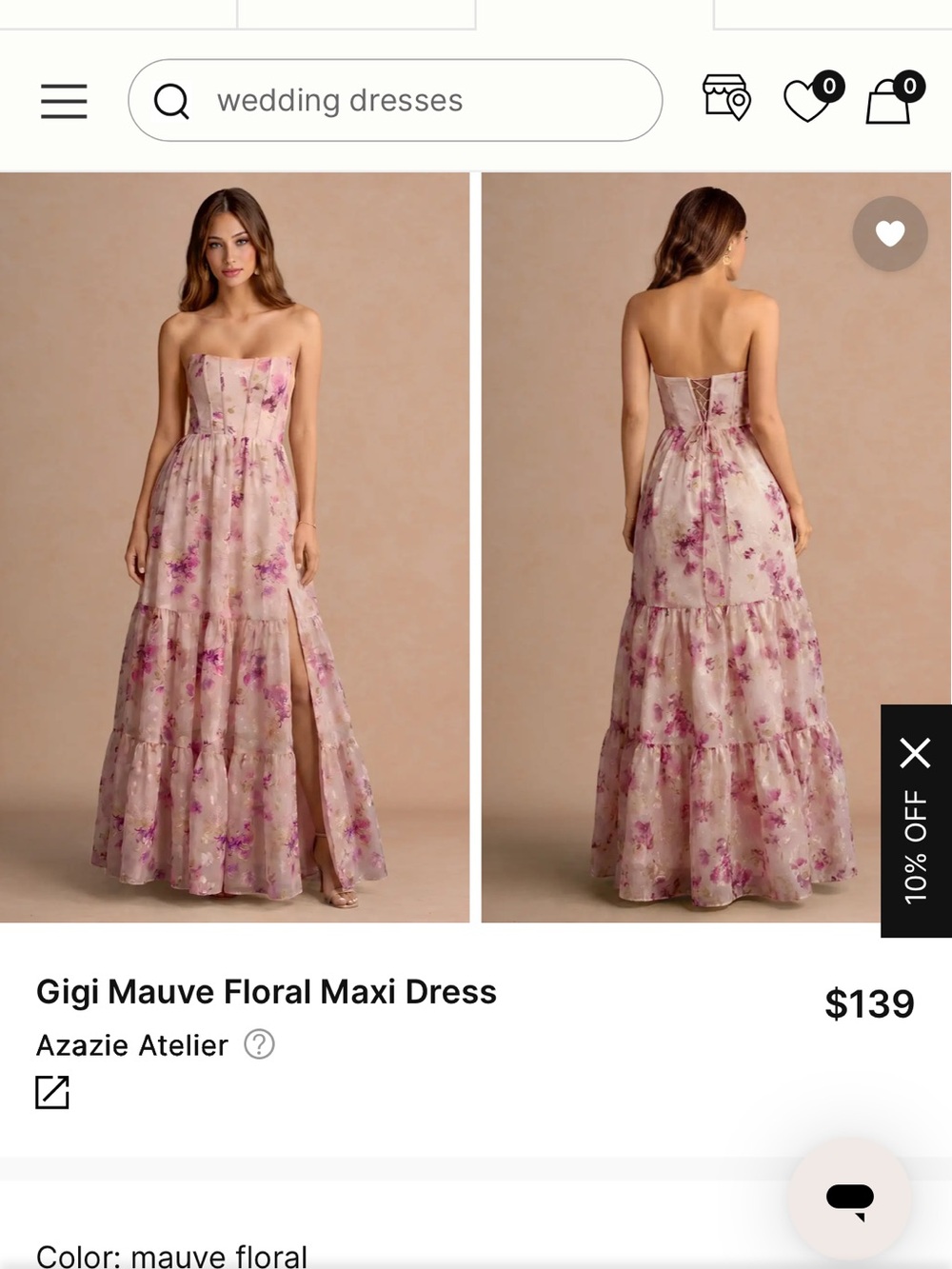 Azazie Mauve Floral Strapless Tiered Maxi Dress